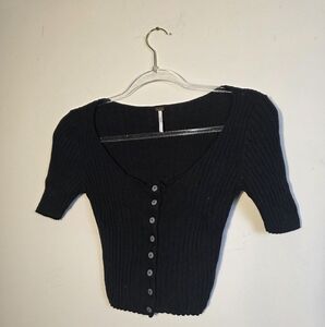 Free People Black Ribbed Button-Up Blouse